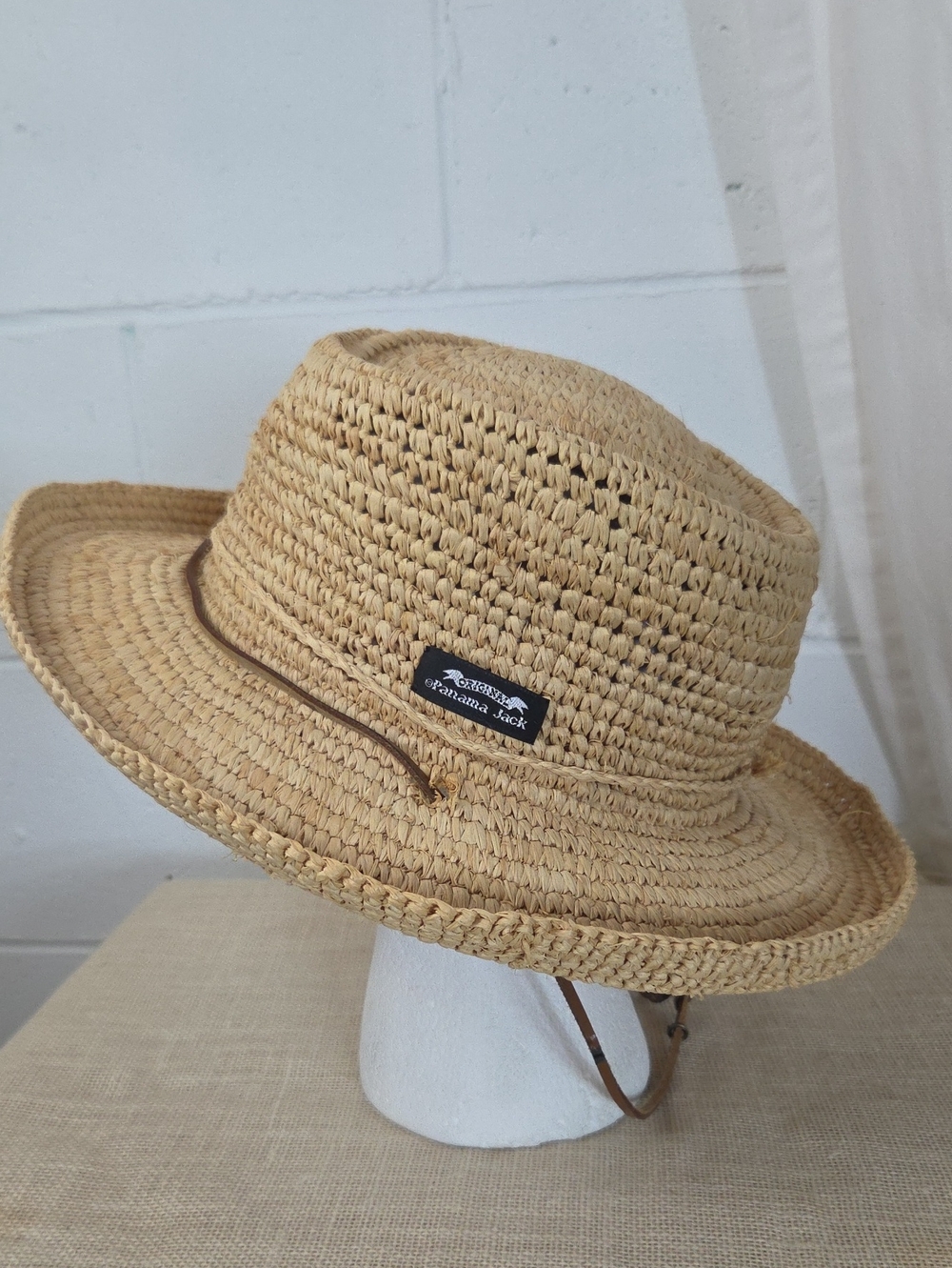 Panama Jack Natural Straw Wide-Brim Sun Hat with Leather Chin Strap Unisex OS